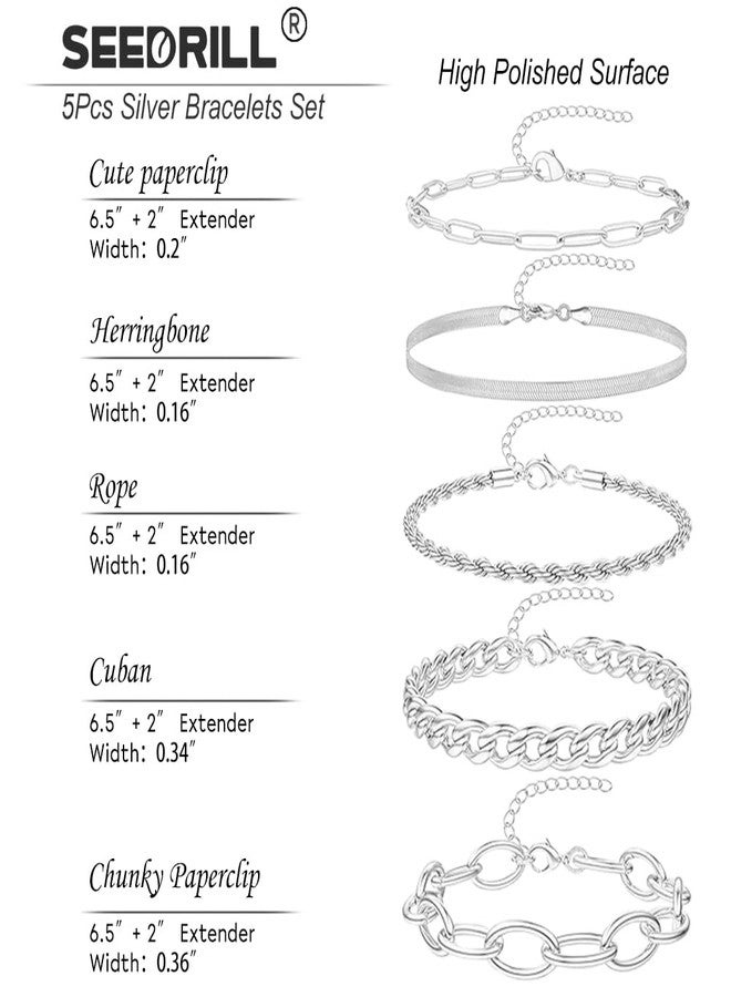 SEEDRILL Silvery Bracelets for Women Waterproof Non Tarnish Jewelry Sets 316L Stainless Steel Chunky Bracelet Stackable Layered Cuban Link Herringbone Rope Chain Bracelets Gifts for Women Trendy - Image 5